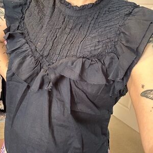 Veronica Beard Navy Blue Ruffled Blouse